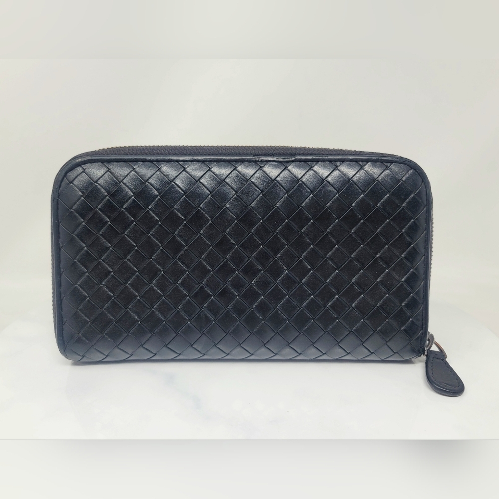Bottega Veneta Black Woven Leather Zip Around Long Wallet Italy Authentic